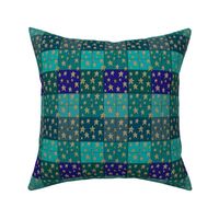 Stitched Patchwork Cheater Quilt Gold Stars Teal Blue Green Aqua