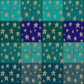 Stitched Patchwork Cheater Quilt Gold Stars Teal Blue Green Aqua