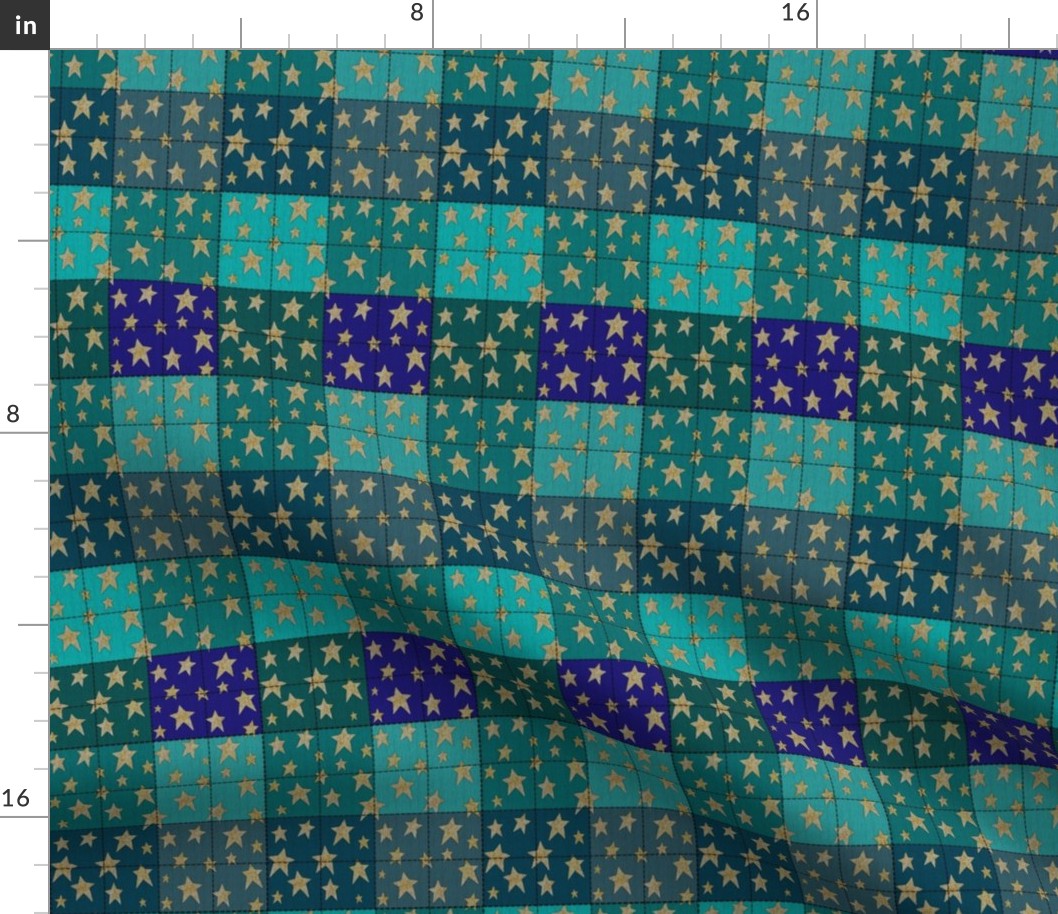 Stitched Patchwork Cheater Quilt Gold Stars Teal Blue Green Aqua