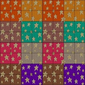 Stitched Patchwork Cheater Quilt Gold Stars Purple Brown Pink Orange Teal Yellow