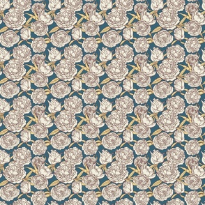 Vintage White Peonies on Navy Blue, Ditsy