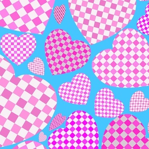 Pink White Gingham Hearts on Dodger Blue - JUMBO Scale / Pink Checkered Heart JUMBO scale
