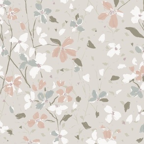 (l) hydrangea trailing floral blossoms | soft muted tones on light cream beige | large scale