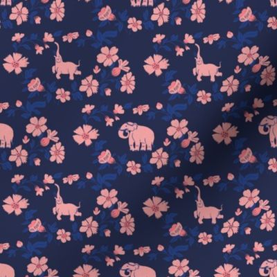 Pink elephant damask - Dark blue | Large Version | Pink floral Animal Print 