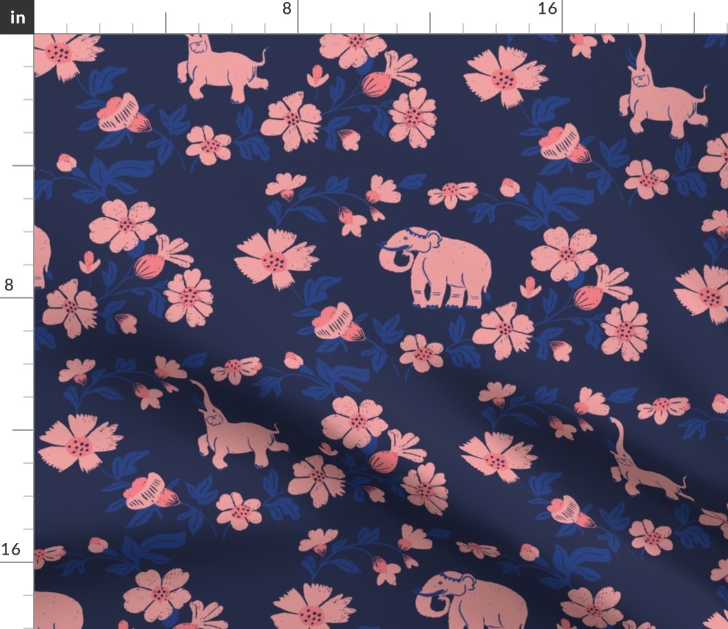 Pink elephant damask - Dark blue | Large Version | Pink floral Animal Print 