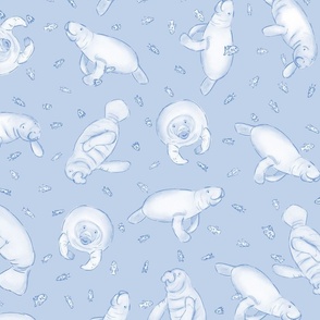Whimsical Manatee and Fish | Hand-Drawn Colored Pencil Design in Periwinkle Gray | Medium Scale