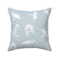 Whimsical Manatee and Fish | Hand-Drawn Colored Pencil Design in Geyser Blue | Medium Scale