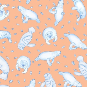Whimsical Manatee and Fish | Hand-Drawn Colored Pencil Design in Peach Fuzz | Medium Scale