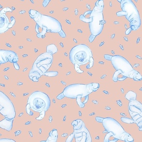 Whimsical Manatee and Fish | Hand-Drawn Colored Pencil Design in Pale Pink | Medium Scale