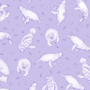 Whimsical Manatee and Fish | Hand-Drawn Colored Pencil Design in Prelude Lavender | Small Scale | Medium Scale