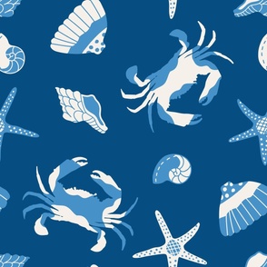 Large - Blue crustacean core crabs and shells beach design for wallpaper