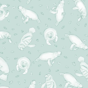 Whimsical Manatee and Fish | Hand-Drawn Colored Pencil Design in Paris White Green | Medium Scale