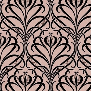 Art Nouveau Seagrass Floral in Black on Textured Regency Pink - Coordinate - Medium Scale