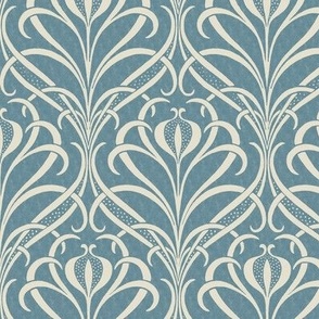 Art Nouveau Seagrass Floral in Eggshell on Textured Ocean Blue - Medium Scale