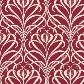 Art Nouveau Seagrass Floral in Eggshell on Textured Burgundy - Coordinate - Medium Scale