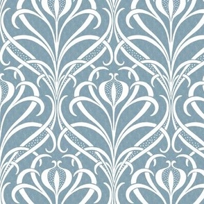 Art Nouveau Seagrass Floral in White on Textured French Blue - Coordinate - Medium Scale