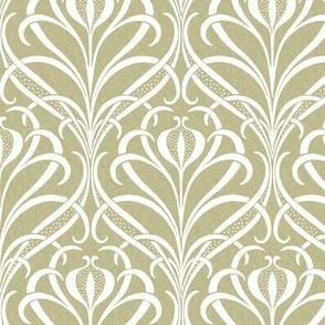 Art Nouveau Seagrass Floral in White on Textured Sage Green - Coordinate - Medium Scale