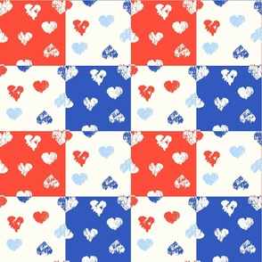 4th of July Rustic Hearts Pathchwork Red White Blue by Jac Slade