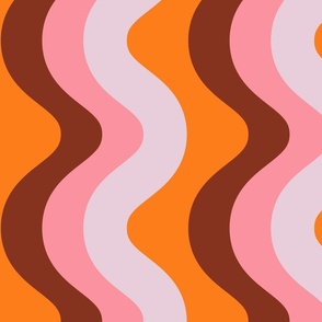 Jumbo Retro Groovy Waves  Swirls Wavy Lines in Red Pinks on Bright Orange