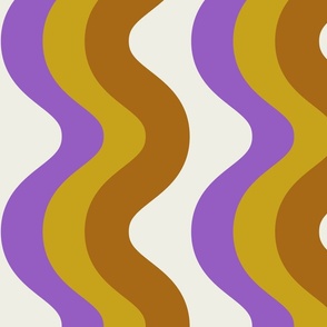 Jumbo Retro Groovy Waves  Swirls Wavy Lines in Purple Ochre and Brown on White