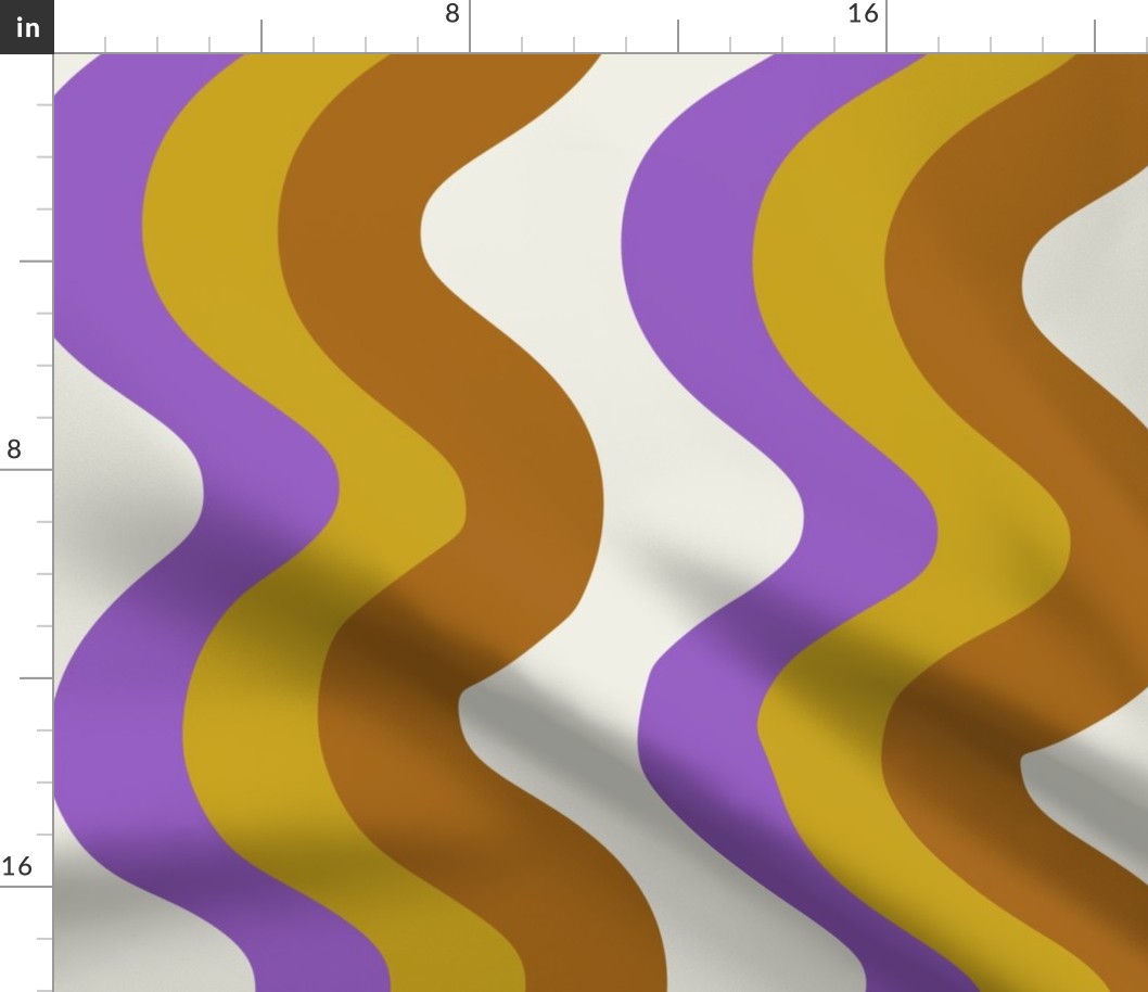 Jumbo Retro Groovy Waves  Swirls Wavy Lines in Purple Ochre and Brown on White