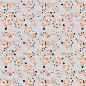Blush Floral on Blue Gray Small Scale