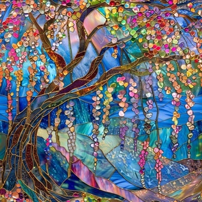 Stained Glass Watercolor Stunning Weeping Willow Floral Tree