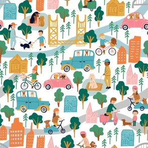 Small* 10.5in - Happy Dogs in Sacramento - Vintage Side Cars and Bicycles - Cityscape - Yellow Bridge - Joyful Animals - Pink Orange Aqua
