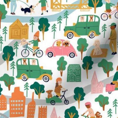Small* 10.5 in - Happy Dogs in Sacramento - Vintage Side Cars and Bicycles - Cityscape - Yellow Bridge - Joyful Animals - Pink Orange Green