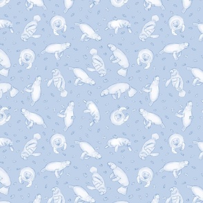 Whimsical Manatee and Fish | Hand-Drawn Colored Pencil Design in Periwinkle Gray | Small Scale