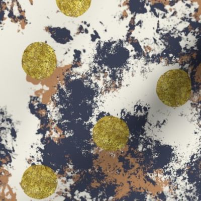 Blue and rust paint splatter texture and faux gold circles 