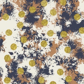 Blue and rust paint splatter texture and faux gold circles 