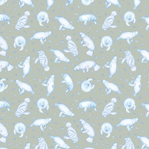 Whimsical Manatee and Fish | Hand-Drawn Colored Pencil Design in Misty Sage Green | Small Scale