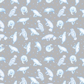 Whimsical Manatee and Fish | Hand-Drawn Colored Pencil Design in Nobel Grey | Small Scale