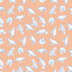 Whimsical Manatee and Fish | Hand-Drawn Colored Pencil Design in Peach Fuzz | Small Scale