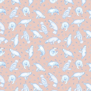 Whimsical Manatee and Fish | Hand-Drawn Colored Pencil Design in Pale Pink | Small Scale