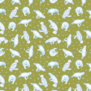 Whimsical Manatee and Fish | Hand-Drawn Colored Pencil Design in Sycamore Green | Small Scale