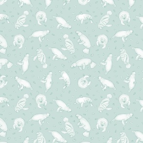 Whimsical Manatee and Fish | Hand-Drawn Colored Pencil Design in Paris White Green | Small Scale