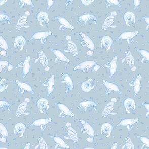 Whimsical Manatee and Fish | Hand-Drawn Colored Pencil Design in Jungle Mist Blue | Small Scale