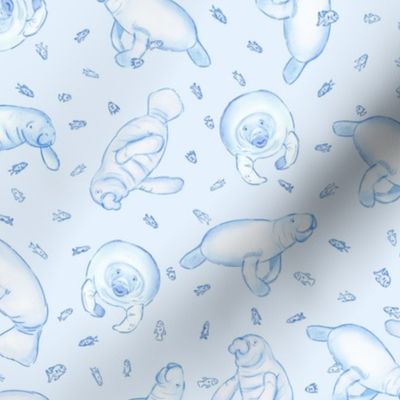 Whimsical Manatee and Fish | Hand-Drawn Colored Pencil Design in Hawkes Blue | Small Scale