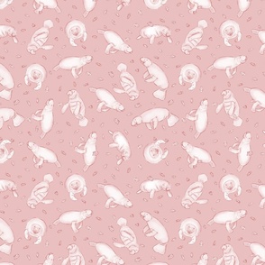 Whimsical Manatee and Fish | Hand-Drawn Colored Pencil Design in Rose Fog Pink | Small Scale