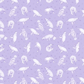 Whimsical Manatee and Fish | Hand-Drawn Colored Pencil Design in Prelude Lavender | Small Scale