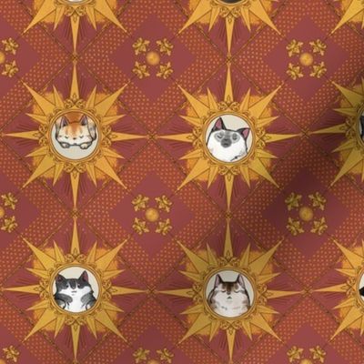 Royal Cat Sunburst Pattern Faded Crimson and Gold