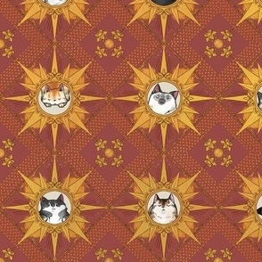 Royal Cat Sunburst Pattern Faded Crimson and Gold