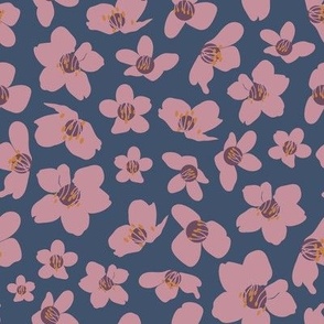 pink and purple cherry blossoms on blue background retro feel