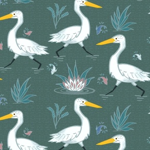 (XL) Graceful Running Egrets in Grey Green