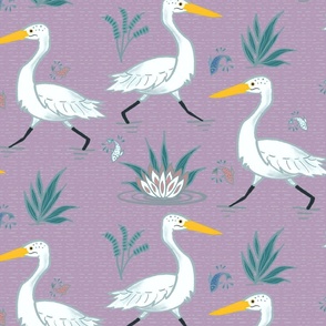 (XL) Graceful Running Egrets in Light Purple