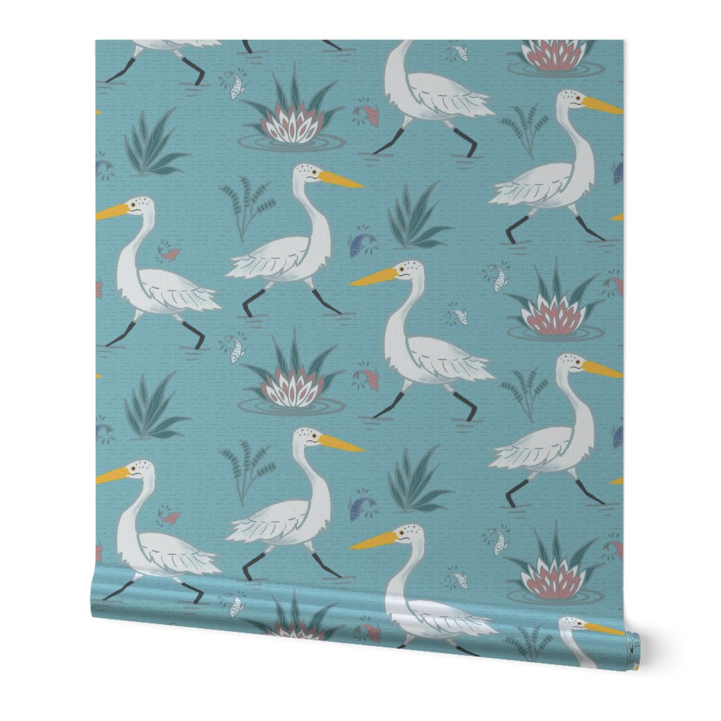 (XL) Graceful Running Egrets in Ocean Blue