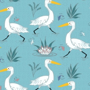 (XL) Graceful Running Egrets in Ocean Blue
