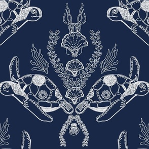 Tidal Tapestry - Turtle Off White on Navy Large
